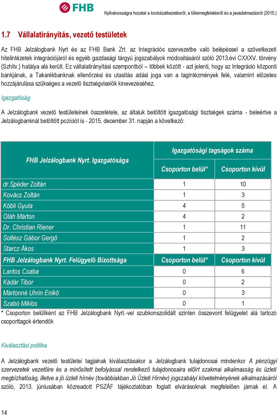 Ez vállalatirányítási szempontból többek között - azt jelenti, hogy az Integráció központi bankjának, a Takarékbanknak ellenőrzési és utasítás adási joga van a tagintézmények felé, valamint előzetes