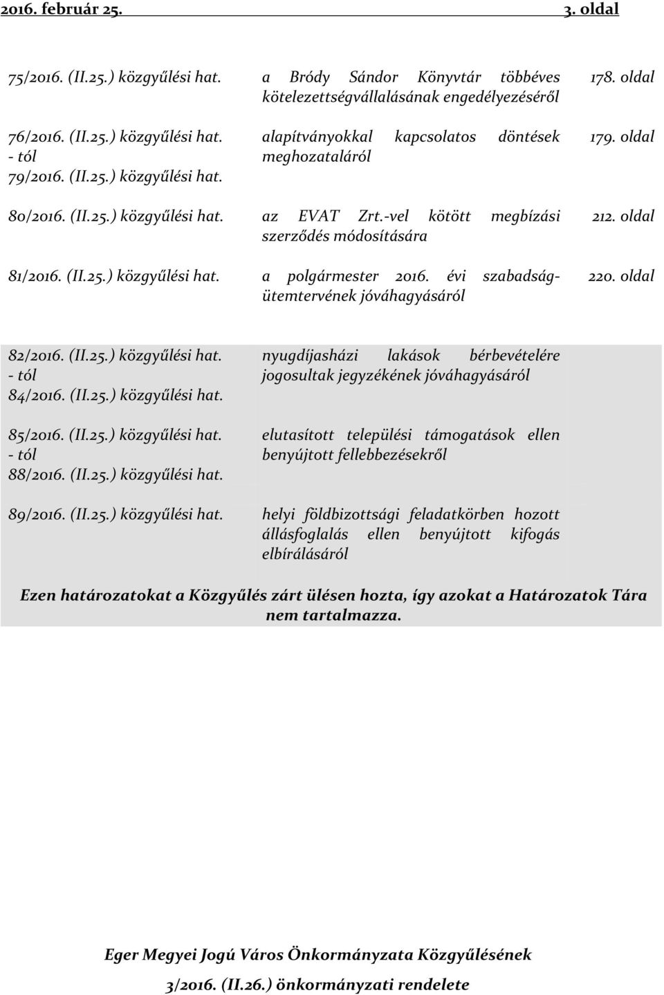 évi szabadságütemtervének jóváhagyásáról 212. oldal 220. oldal 82/2016. (II.25.) közgyűlési hat.