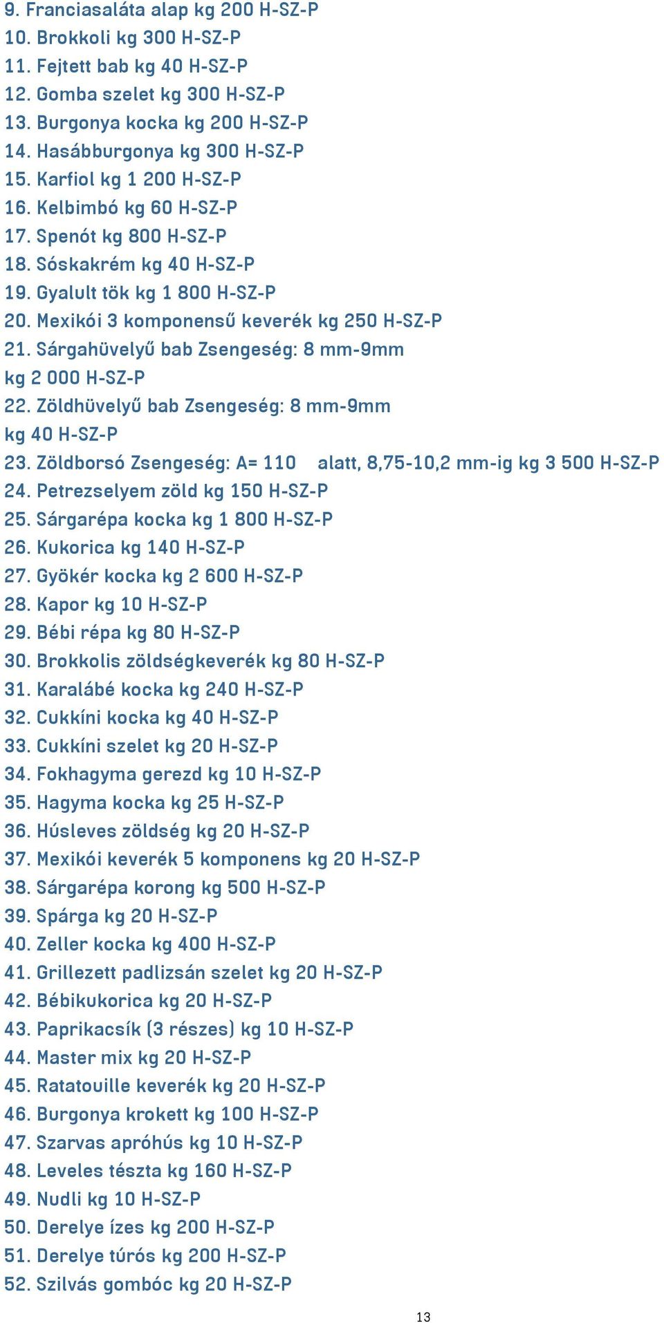 Sárgahüvelyű bab Zsengeség: 8 mm-9mm kg 2 000 H-SZ-P 22. Zöldhüvelyű bab Zsengeség: 8 mm-9mm kg 40 H-SZ-P 23. Zöldborsó Zsengeség: A= 110 alatt, 8,75-10,2 mm-ig kg 3 500 H-SZ-P 24.