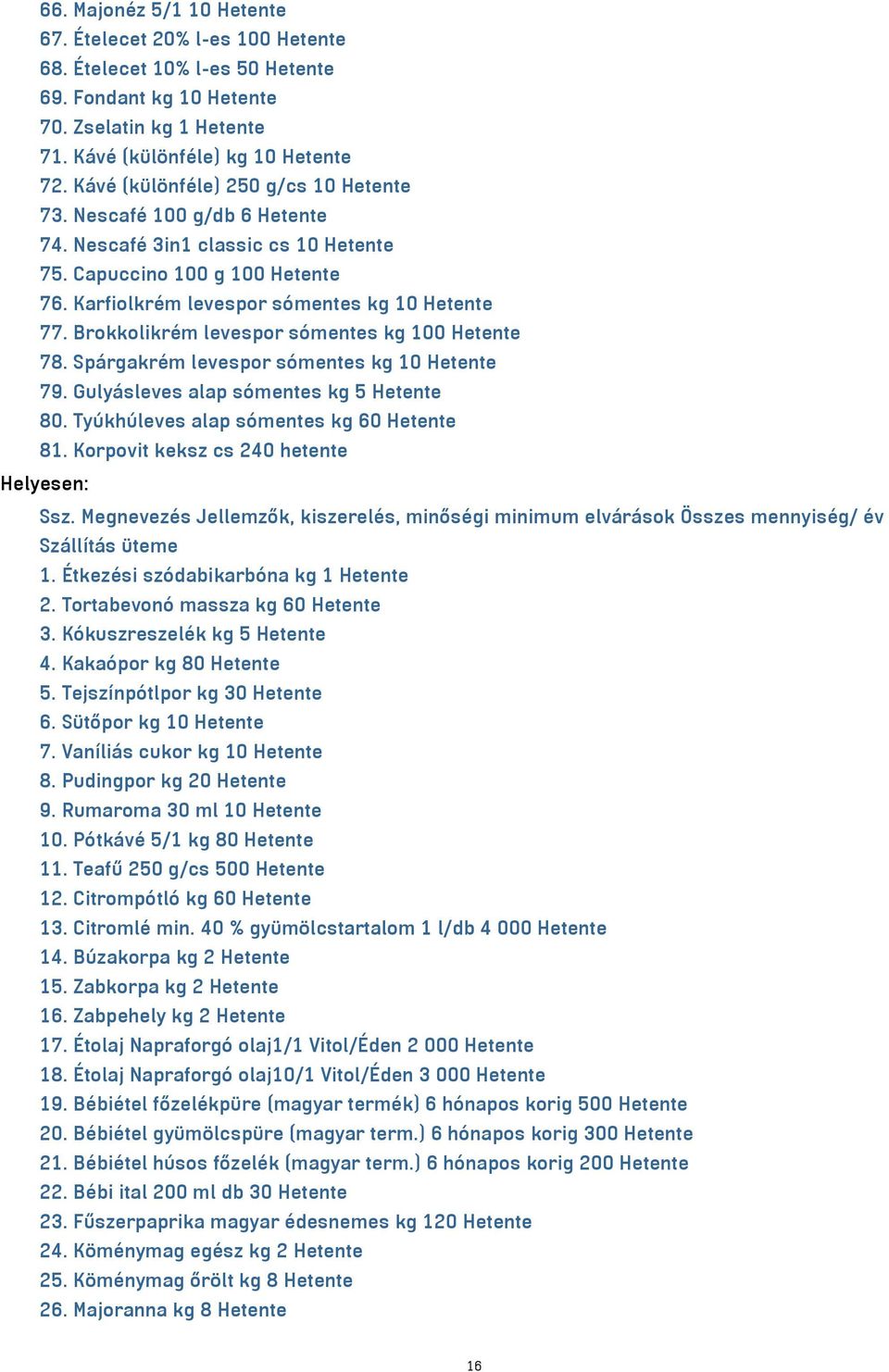 Brokkolikrém levespor sómentes kg 100 Hetente 78. Spárgakrém levespor sómentes kg 10 Hetente 79. Gulyásleves alap sómentes kg 5 Hetente 80. Tyúkhúleves alap sómentes kg 60 Hetente 81.