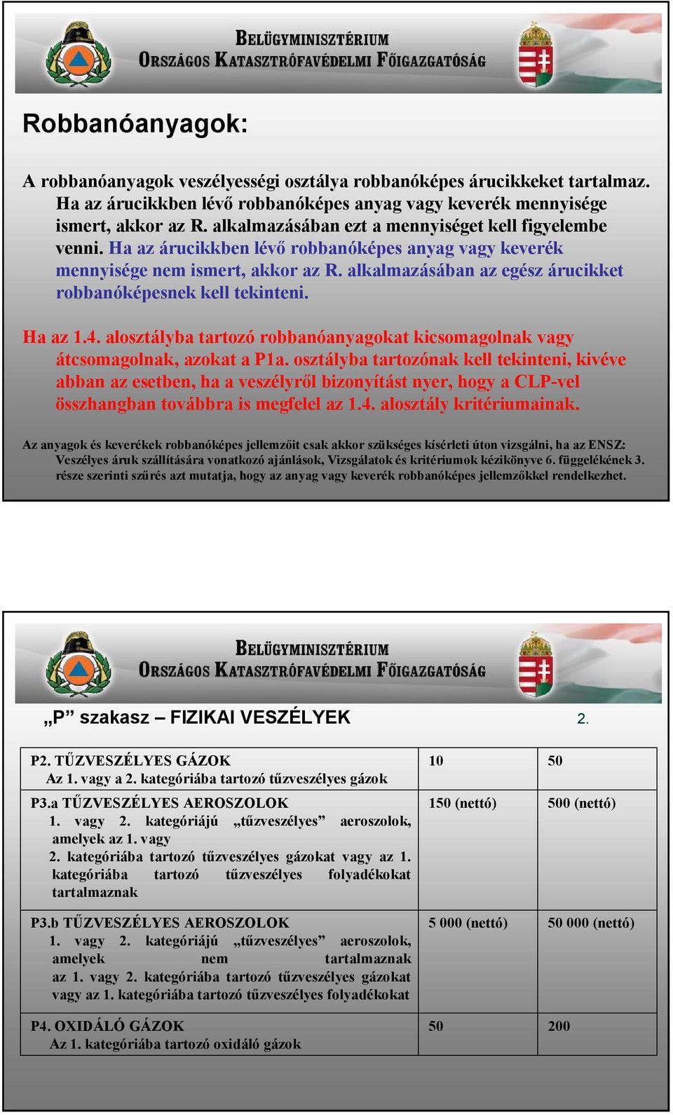 alkalmazásában az egész árucikket robbanóképesnek kell tekinteni. Ha az 1.4. alosztályba tartozó robbanóanyagokat kicsomagolnak vagy átcsomagolnak, azokat a P1a.