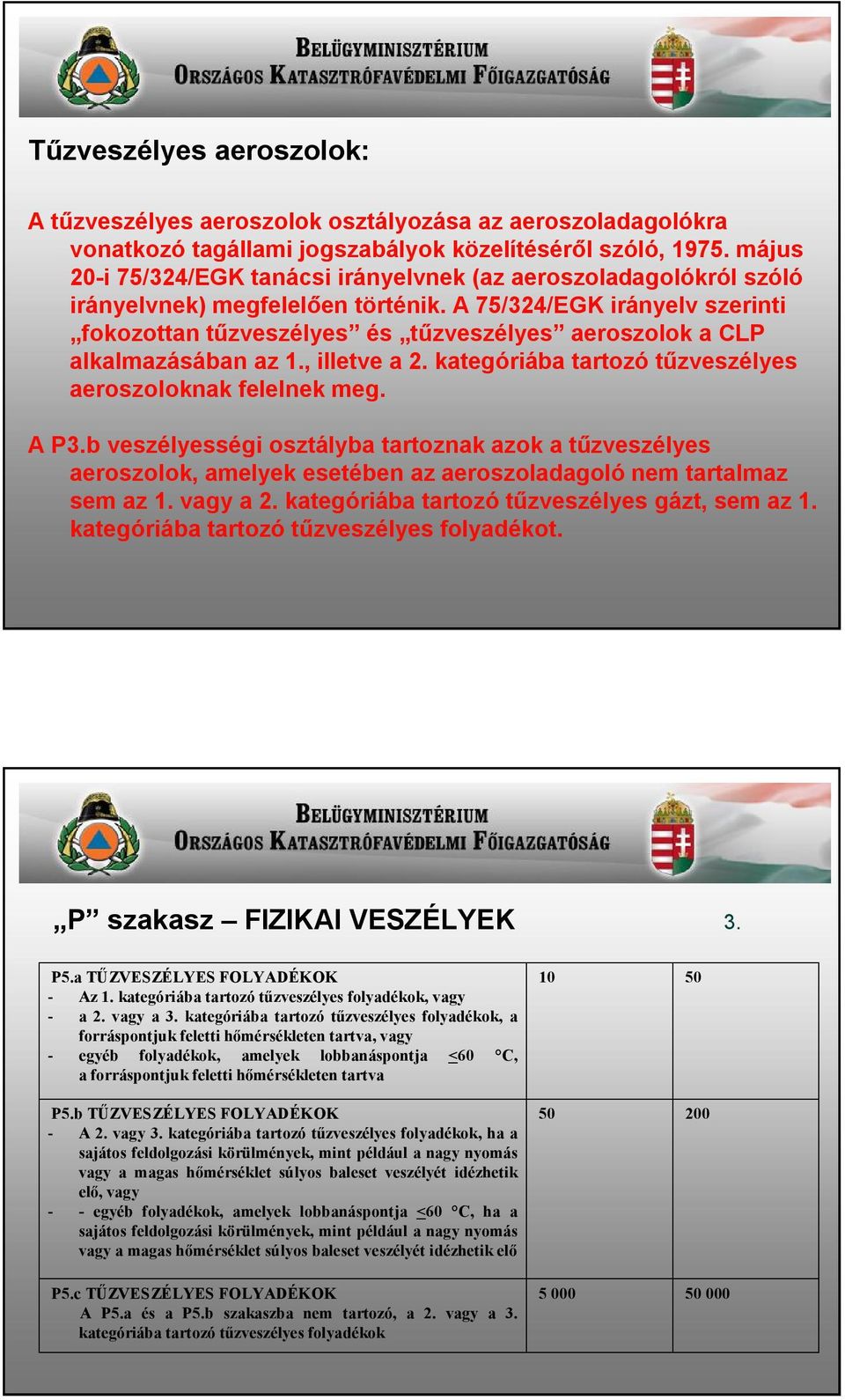 A 75/324/EGK irányelv szerinti fokozottan tűzveszélyes és tűzveszélyes aeroszolok a CLP alkalmazásában az 1., illetve a 2. kategóriába tartozó tűzveszélyes aeroszoloknak felelnek meg. A P3.