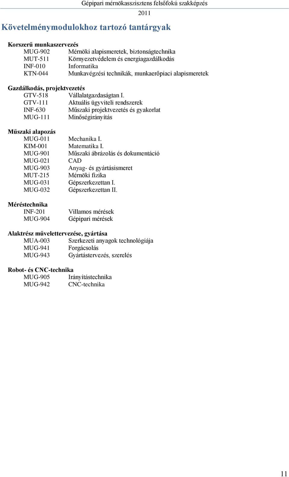 GTV-111 Aktuális ügyviteli rendszerek INF-630 Műszaki projektvezetés és gyakorlat MUG-111 Minőségirányítás Műszaki alapozás MUG-011 Mechanika I. KIM-001 Matematika I.