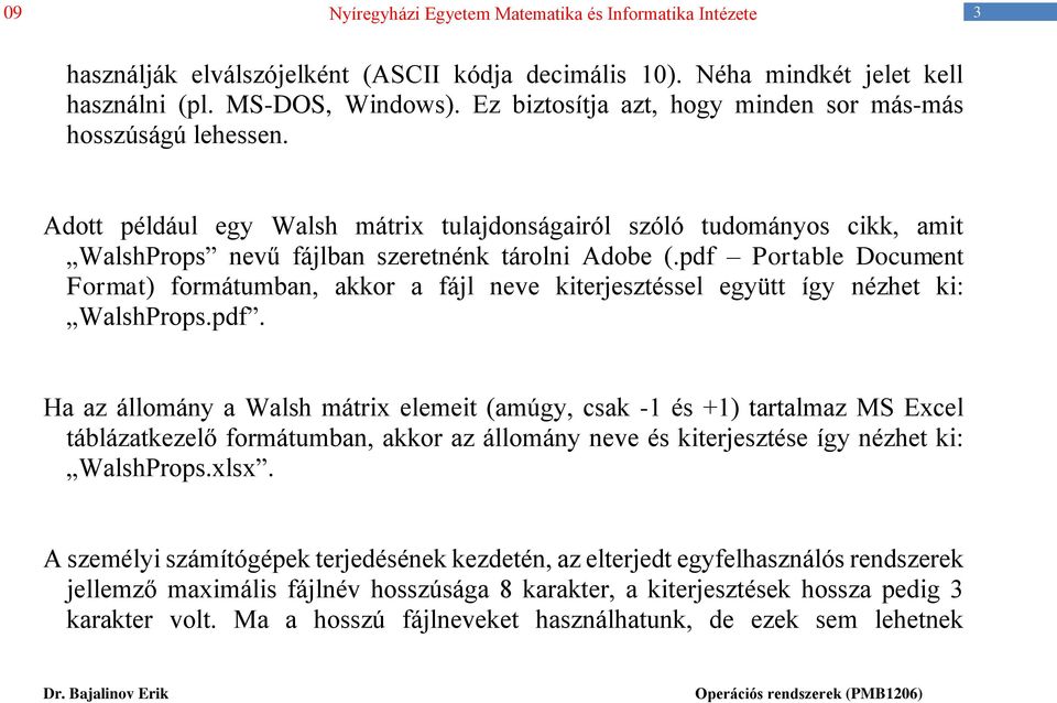 pdf Portable Document Format) formátumban, akkor a fájl neve kiterjesztéssel együtt így nézhet ki: WalshProps.pdf. Ha az állomány a Walsh mátrix elemeit (amúgy, csak -1 és +1) tartalmaz MS Excel táblázatkezelő formátumban, akkor az állomány neve és kiterjesztése így nézhet ki: WalshProps.