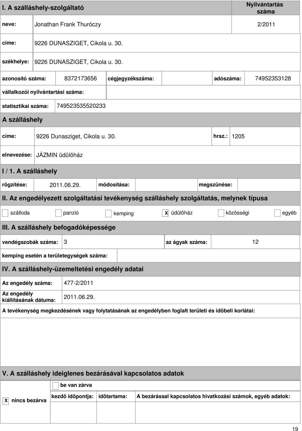 8372173656 cégjegyzék: adó: 74952353128 vállalkozói nyilvántartási : statisztikai : 749523535520233 címe: 9226 Dunasziget, Cikola u. 30. hrsz.