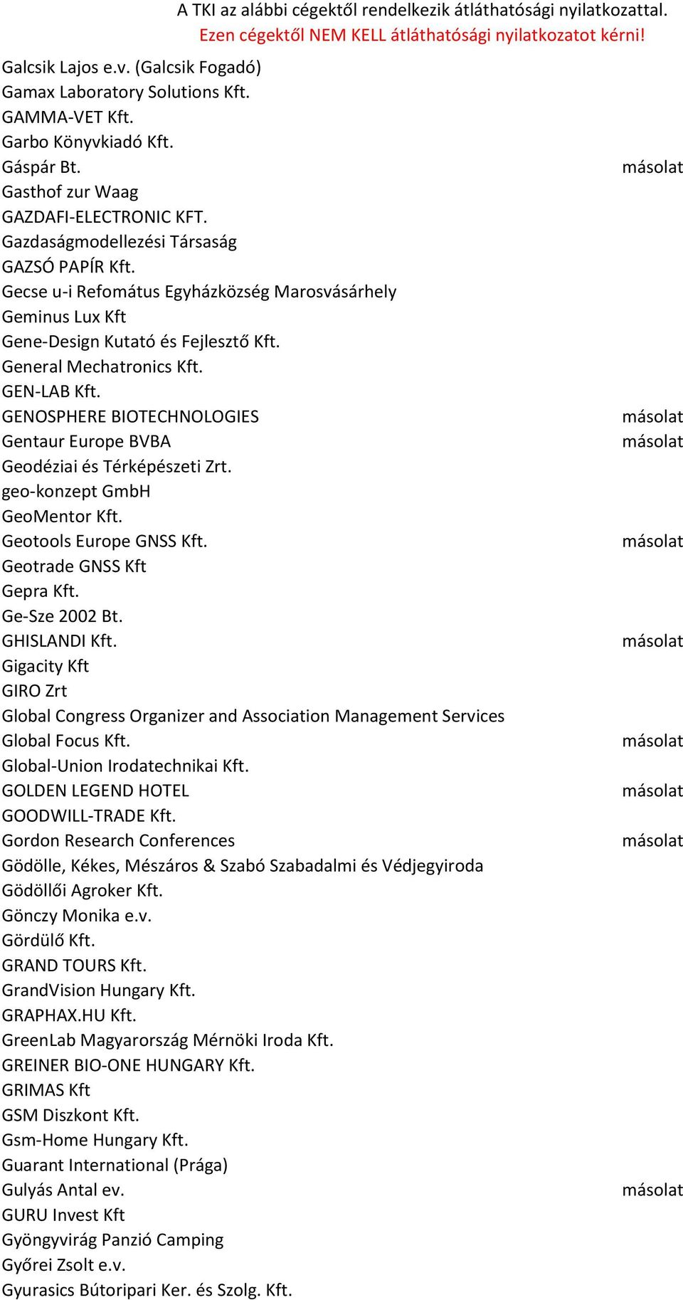 GENOSPHERE BIOTECHNOLOGIES Gentaur Europe BVBA Geodéziai és Térképészeti Zrt. geo-konzept GmbH GeoMentor Kft. Geotools Europe GNSS Kft. Geotrade GNSS Kft Gepra Kft. Ge-Sze 2002 Bt. GHISLANDI Kft.