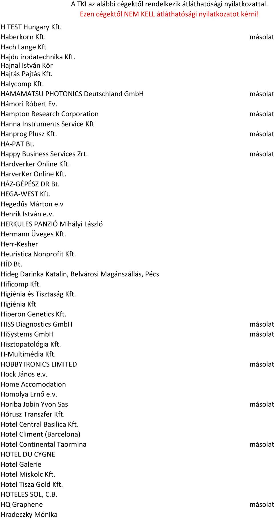 Hegedűs Márton e.v Henrik István e.v. HERKULES PANZIÓ Mihályi László Hermann Üveges Kft. Herr-Kesher Heuristica Nonprofit Kft. HÍD Bt. Hideg Darinka Katalin, Belvárosi Magánszállás, Pécs Hificomp Kft.