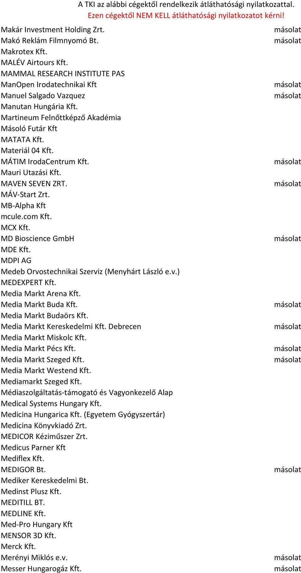 MD Bioscience GmbH MDE Kft. MDPI AG Medeb Orvostechnikai Szerviz (Menyhárt László e.v.) MEDEXPERT Kft. Media Markt Arena Kft. Media Markt Buda Kft. Media Markt Budaörs Kft.