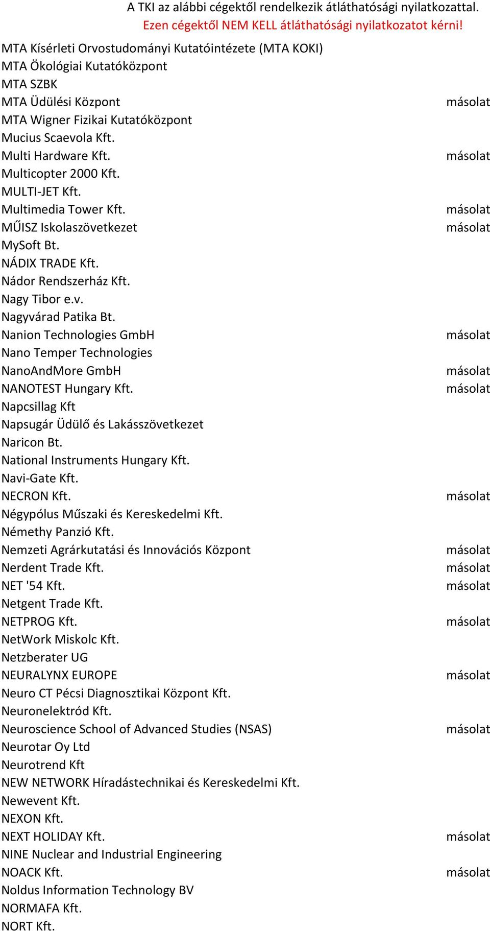 Nanion Technologies GmbH Nano Temper Technologies NanoAndMore GmbH NANOTEST Hungary Kft. Napcsillag Kft Napsugár Üdülő és Lakásszövetkezet Naricon Bt. National Instruments Hungary Kft. Navi-Gate Kft.