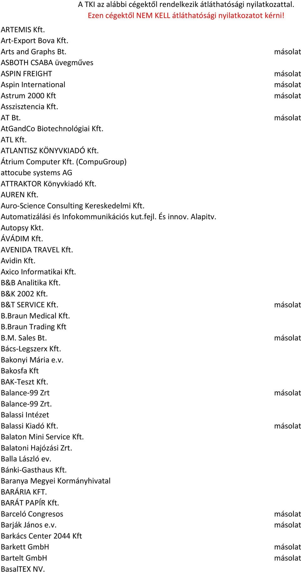 fejl. És innov. Alapitv. Autopsy Kkt. ÁVÁDIM Kft. AVENIDA TRAVEL Kft. Avidin Kft. Axico Informatikai Kft. B&B Analitika Kft. B&K 2002 Kft. B&T SERVICE Kft. B.Braun Medical Kft. B.Braun Trading Kft B.