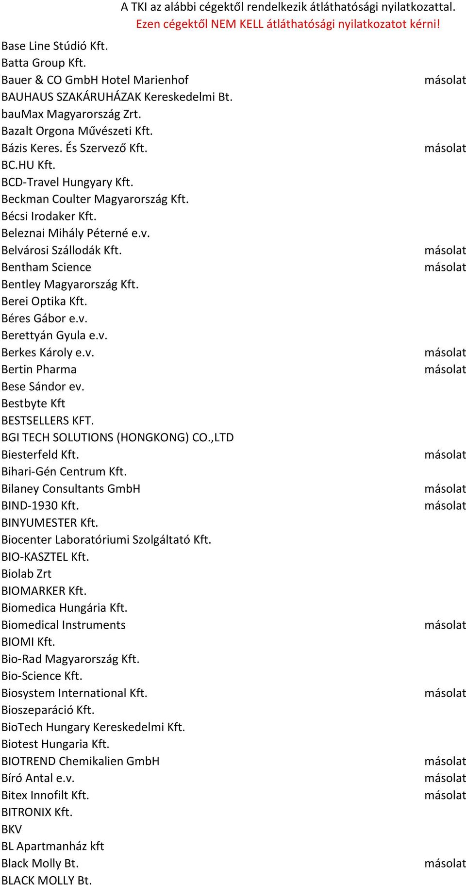 Béres Gábor e.v. Berettyán Gyula e.v. Berkes Károly e.v. Bertin Pharma Bese Sándor ev. Bestbyte Kft BESTSELLERS KFT. BGI TECH SOLUTIONS (HONGKONG) CO.,LTD Biesterfeld Kft. Bihari-Gén Centrum Kft.