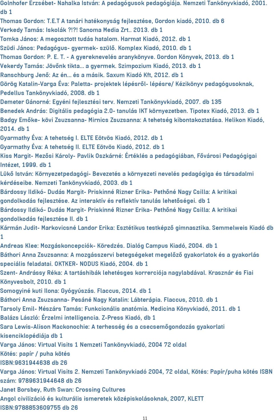 Gordon Könyvek, 2013. db 1 Vekerdy Tamás: Jövőnk tikta a gyermek. Szimpozium Kiadó, 2013. db 1 Ranschburg Jenő: Az én és a másik. Saxum Kiadó Kft, 2012.