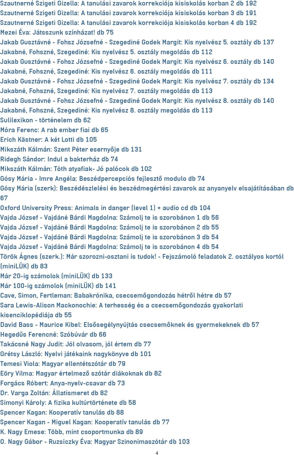 osztály db 137 Jakabné, Fohszné, Szegediné: Kis nyelvész 5. osztály megoldás db 112 Jakab Gusztávné - Fohsz Józsefné - Szegediné Godek Margit: Kis nyelvész 6.