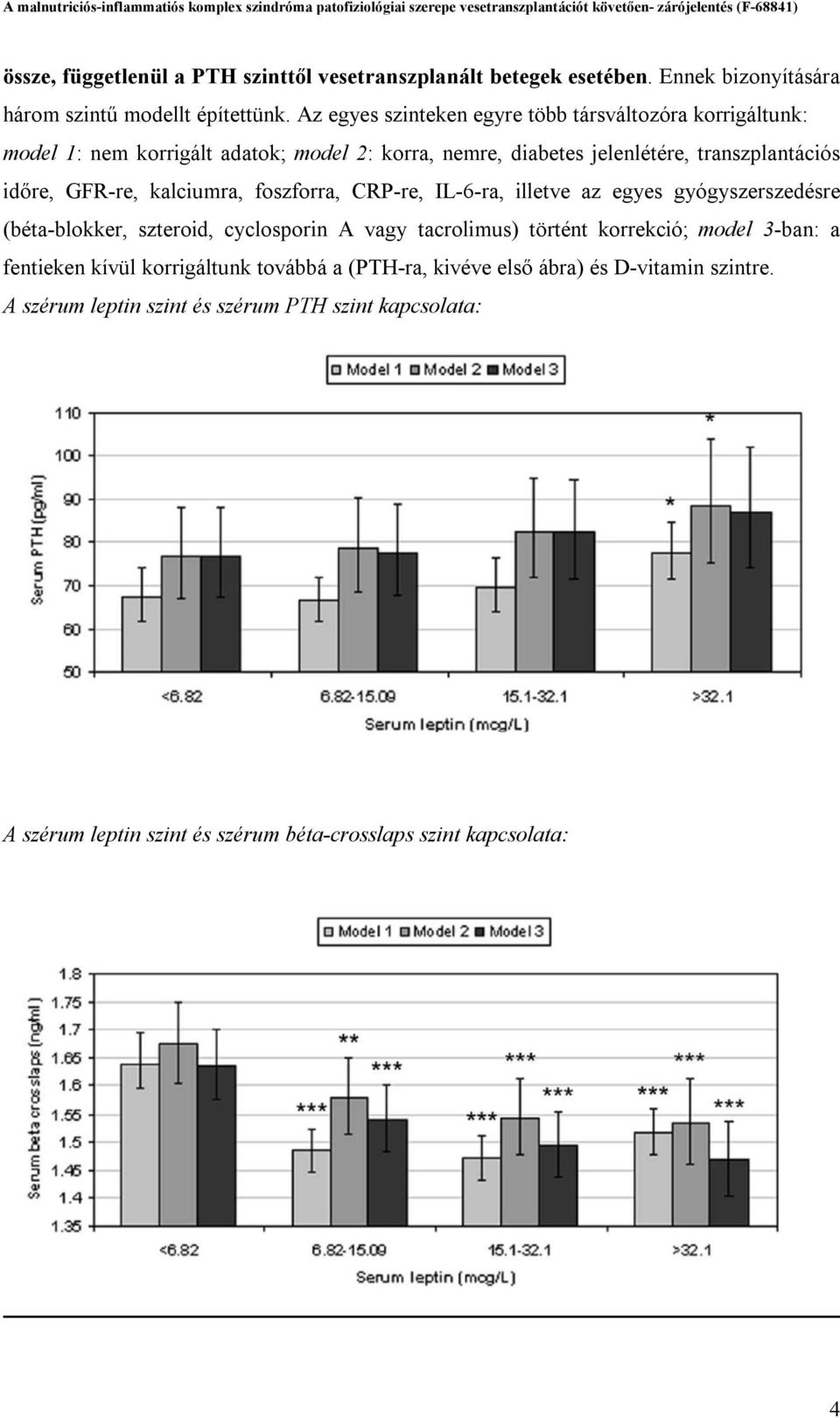 kalciumra, foszforra, CRP-re, IL-6-ra, illetve az egyes gyógyszerszedésre (béta-blokker, szteroid, cyclosporin A vagy tacrolimus) történt korrekció; model 3-ban: a