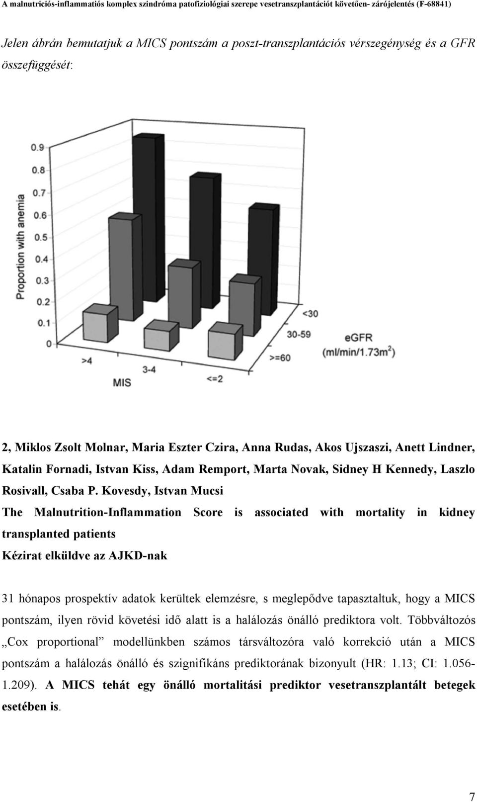 Kovesdy, Istvan Mucsi The Malnutrition-Inflammation Score is associated with mortality in kidney transplanted patients Kézirat elküldve az AJKD-nak 31 hónapos prospektív adatok kerültek elemzésre, s