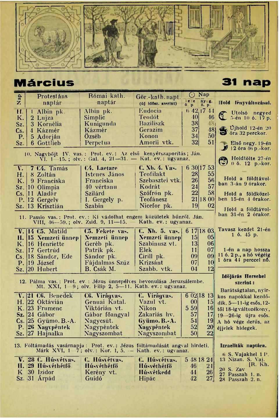 Nagyböjt IV. vas.: Prot. ev.: Az első kenyérszaporítás; Ján. VI. 1 15. ; olv. : Gal. 4, 21 31. Kat. ev. : ugyanaz. 7 (A. Tamás 8 Zoltán 9 Franciska 10 Olimpia 11 Aladár 12 Gergely 13 Krisztián C4.
