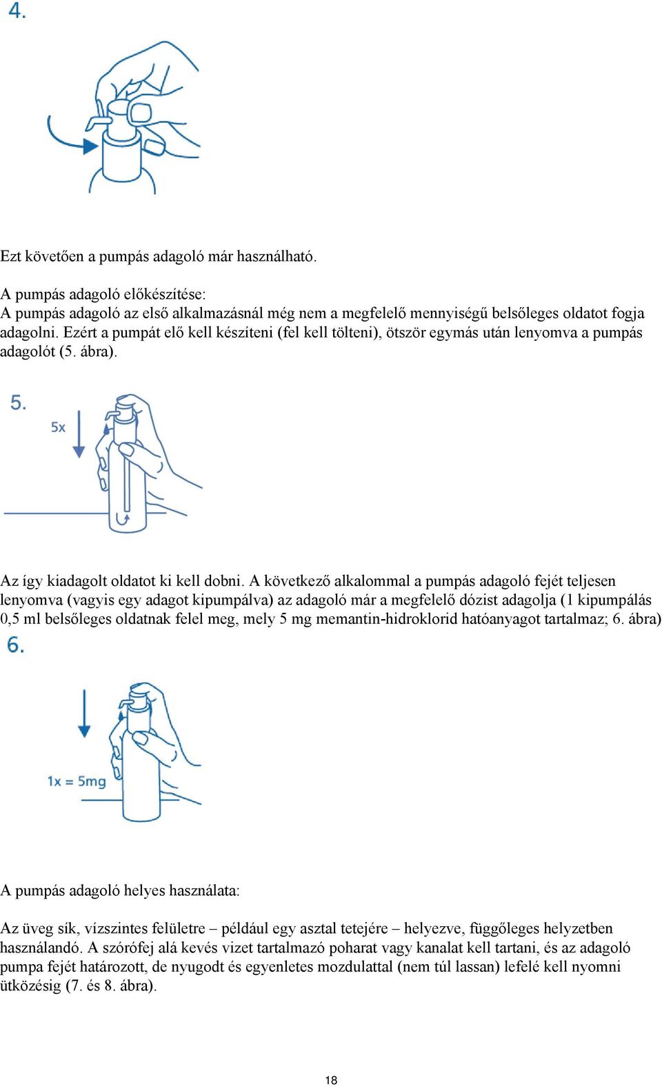 A következő alkalommal a pumpás adagoló fejét teljesen lenyomva (vagyis egy adagot kipumpálva) az adagoló már a megfelelő dózist adagolja (1 kipumpálás 0,5 ml belsőleges oldatnak felel meg, mely 5 mg