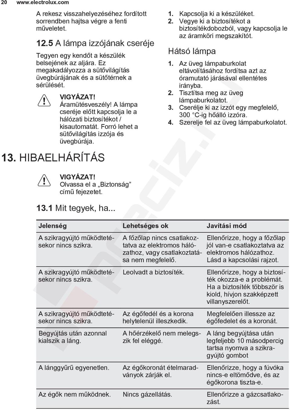 Forró lehet a sütővilágítás izzója és üvegbúrája. 13. HIBAELHÁRÍTÁS Olvassa el a Biztonság című fejezetet. 13.1 Mit tegyek, ha... 1. Kapcsolja ki a készüléket. 2.