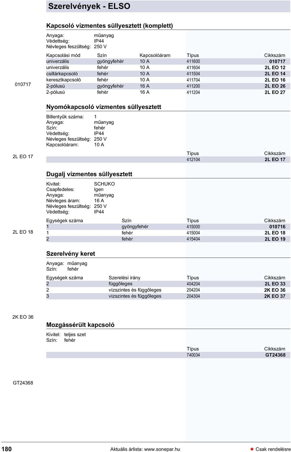 Kapcsolóáram: 10 A 412104 2L EO 17 2L EO 18 Dugalj vízmentes süllyesztett Csapfedeles: Igen Névleges áram: 16 A IP44 Egységek száma Szín 1 gyöngy 1 2 415000 010716 415004 2L EO 18 415404 2L EO 19