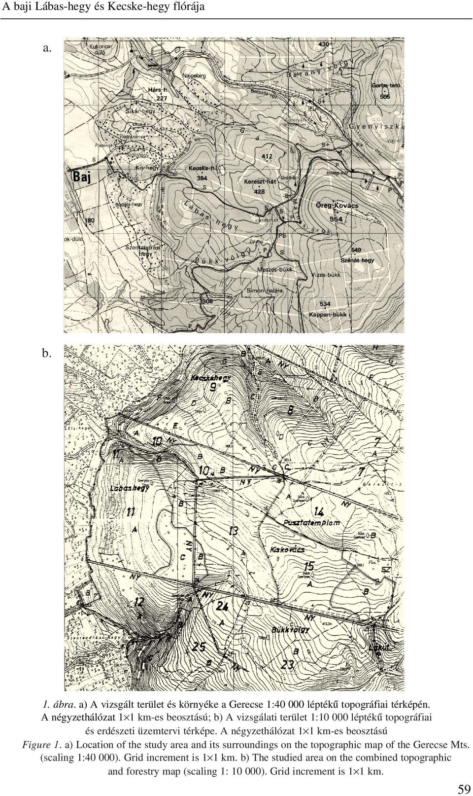 A négyzethálózat 1 1 km-es beosztású Figure 1. a) Location of the study area and its surroundings on the topographic map of the Gerecse Mts.