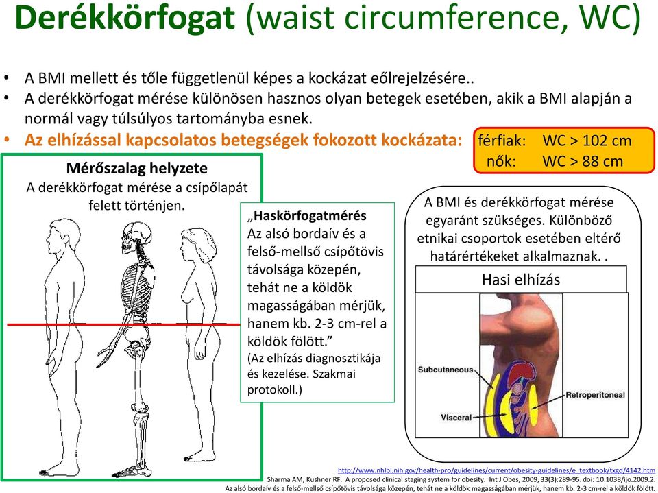 Az elhízással kapcsolatos betegségek fokozott kockázata: férfiak: WC > 102 cm Mérőszalag helyzete A derékkörfogat mérése a csípőlapát felett történjen.