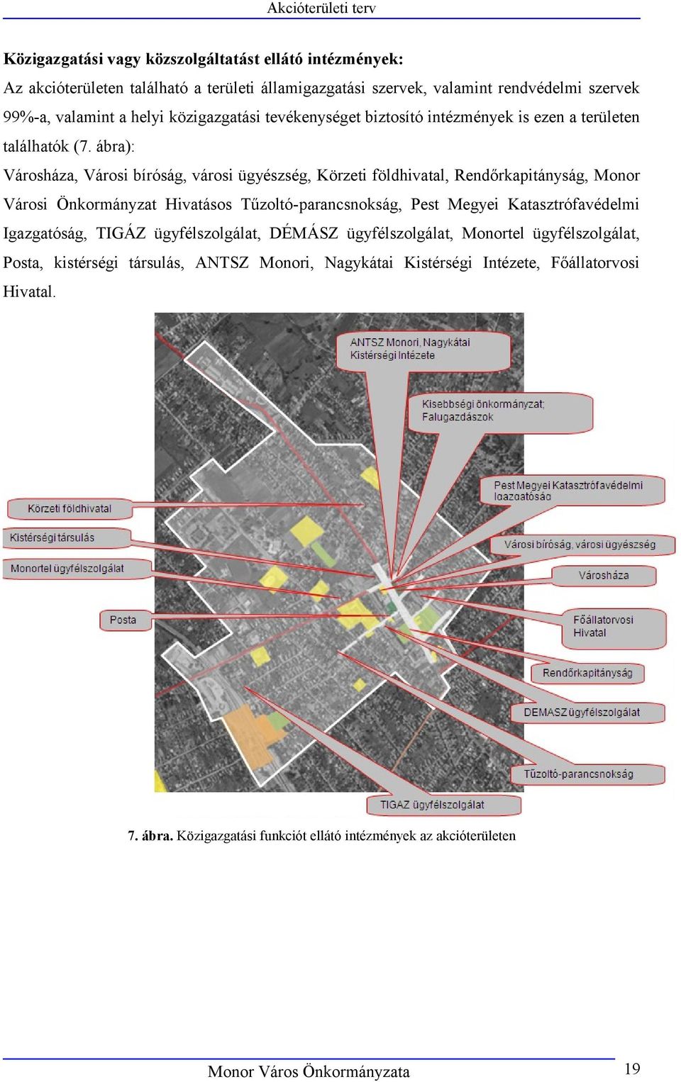 ábra): Városháza, Városi bíróság, városi ügyészség, Körzeti földhivatal, Rendőrkapitányság, Monor Városi Önkormányzat Hivatásos Tűzoltó-parancsnokság, Pest Megyei