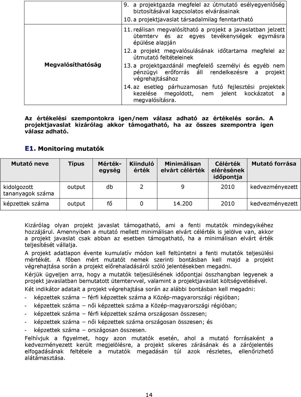 a projektgazdánál megfelelő személyi és egyéb nem pénzügyi erőforrás áll rendelkezésre a projekt végrehajtásához 14.