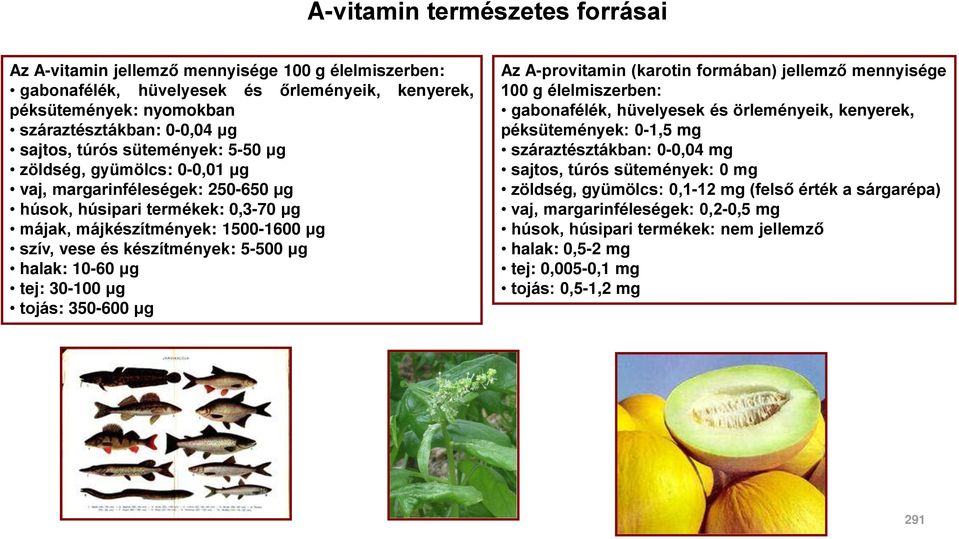 halak: 10-60 μg tej: 30-100 μg tojás: 350-600 μg Az A-provitamin (karotin formában) jellemző mennyisége 100 g élelmiszerben: gabonafélék, hüvelyesek és örleményeik, kenyerek, péksütemények: 0-1,5 mg