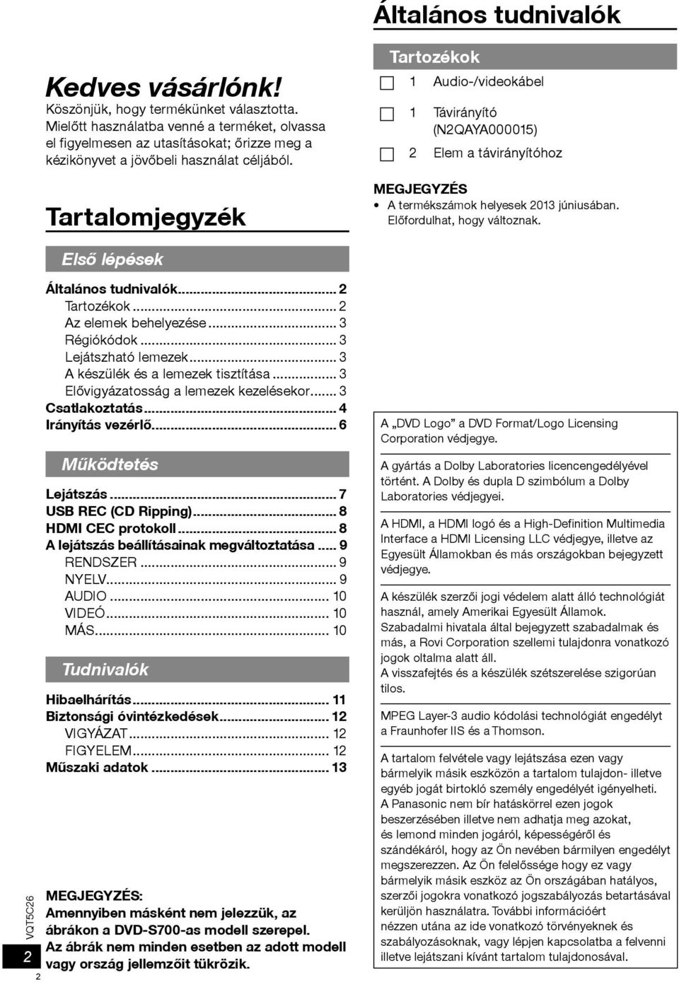 Tartalomjegyzék Tartozékok 1 Audio-/videokábel 1 Távirányító (N2QAYA000015) 2 Elem a távirányítóhoz MEGJEGYZÉS A termékszámok helyesek 2013 júniusában. Elõfordulhat, hogy változnak.