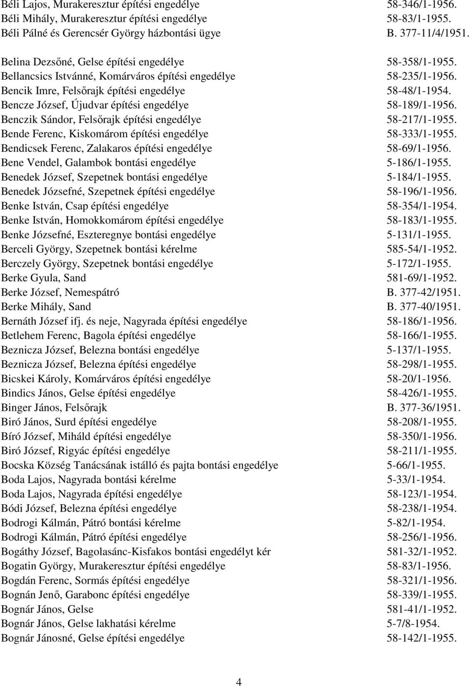 Bencze József, Újudvar építési engedélye 58-189/1-1956. Benczik Sándor, Felsőrajk építési engedélye 58-217/1-1955. Bende Ferenc, Kiskomárom építési engedélye 58-333/1-1955.