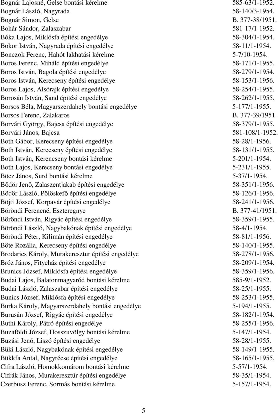 Boros Ferenc, Miháld építési engedélye 58-171/1-1955. Boros István, Bagola építési engedélye 58-279/1-1954. Boros István, Kerecseny építési engedélye 58-153/1-1956.