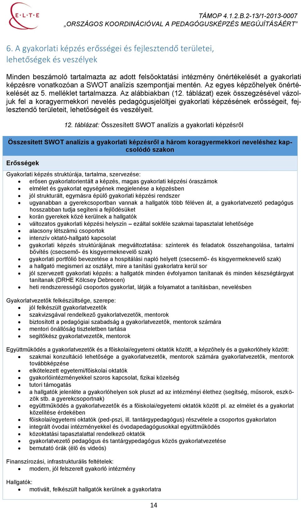 táblázat) ezek összegzésével vázoljuk fel a koragyermekkori nevelés pedagógusjelöltjei gyakorlati képzésének erősségeit, fejlesztendő területeit, lehetőségeit és veszélyeit. 12.