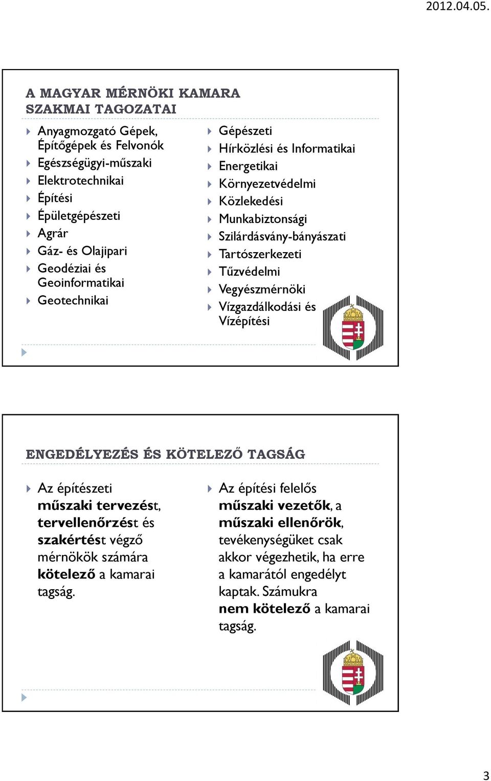 Vegyészmérnöki Vízgazdálkodási és Vízépítési ENGEDÉLYEZÉS ÉS KÖTELEZŐ TAGSÁG Az építészeti műszaki tervezést, tervellenőrzést és szakértést végző mérnökök számára kötelező a