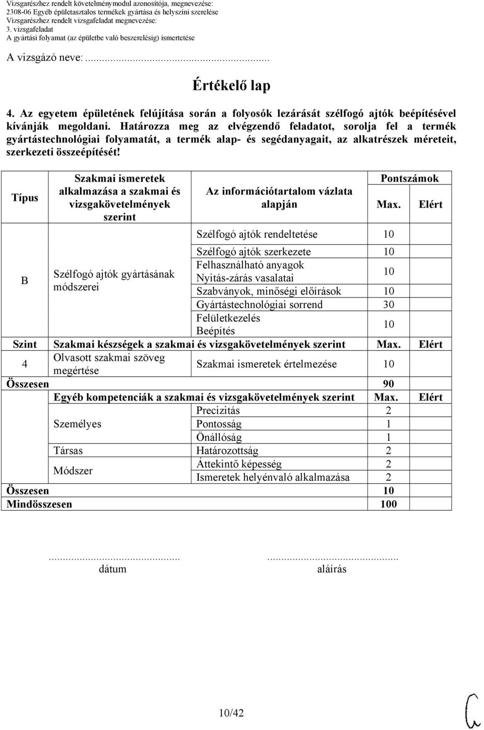 Típus alkalmazása a szakmai és vizsgakövetelmények szerint Az információtartalom vázlata alapján Pontszámok Max.