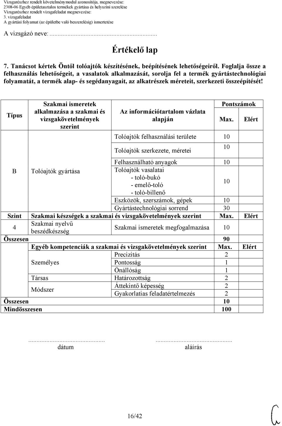 összeépítését! Típus alkalmazása a szakmai és vizsgakövetelmények szerint Az információtartalom vázlata alapján Pontszámok Max.