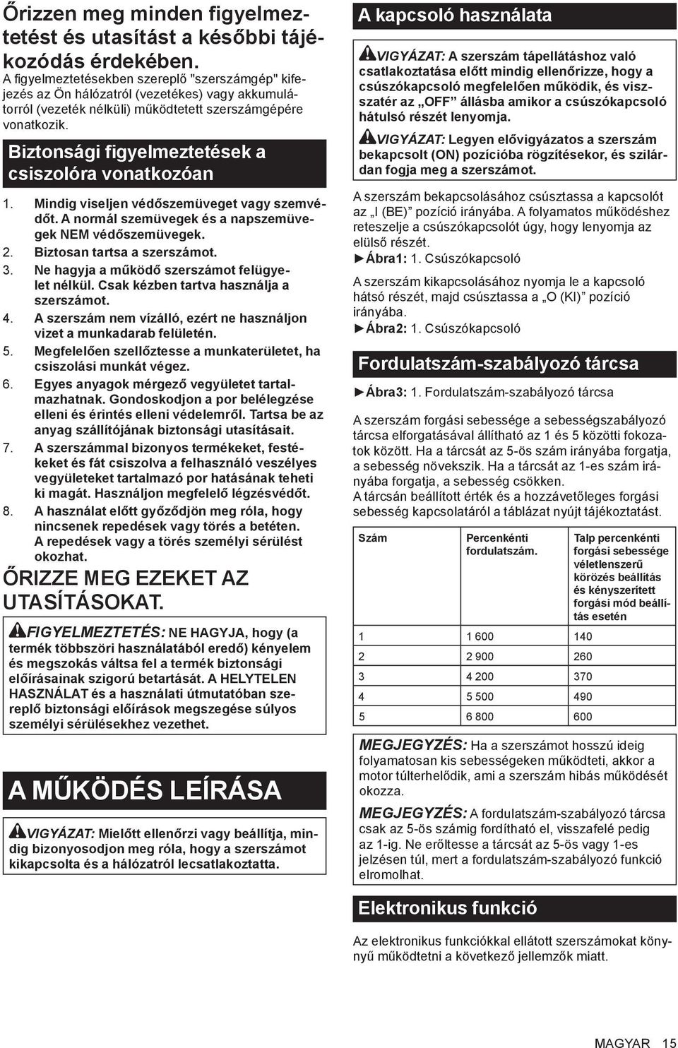 Biztonsági figyelmeztetések a csiszolóra vonatkozóan. Mindig viseljen védőszemüveget vagy szemvédőt. A normál szemüvegek és a napszemüvegek NEM védőszemüvegek. 2. Biztosan tartsa a szerszámot. 3.