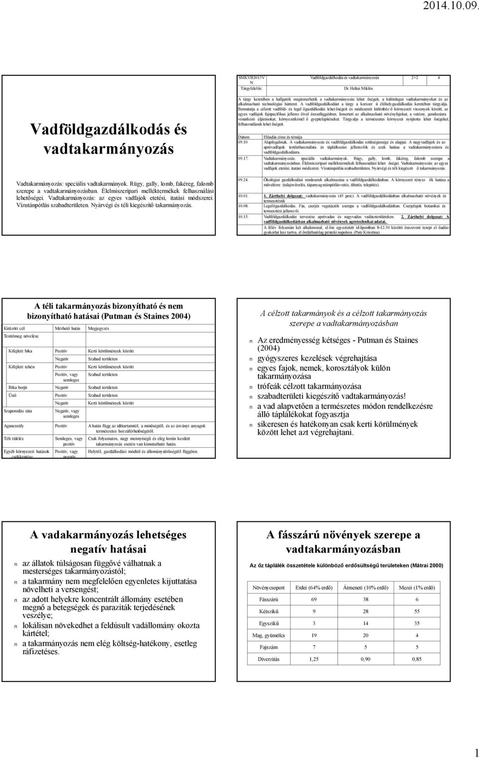 Nyárvégi és télikiegészítő takarmányozás. Atárgy keretében a hallgatók megismerhetik a vadtakarmányozás lehet őségeit, a különleges vadtakarmányokat és az alkalmazható technológiai hátteret.