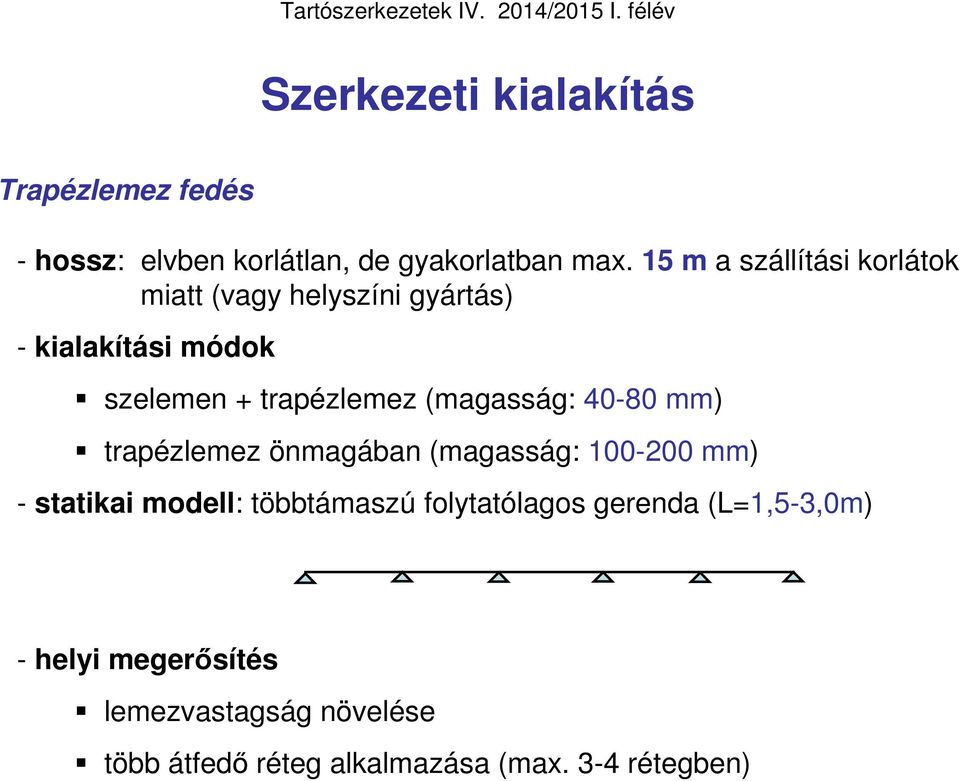 (magasság: 40-80 mm) trapézlemez önmagában (magasság: 100-200 mm) - statikai modell: többtámaszú