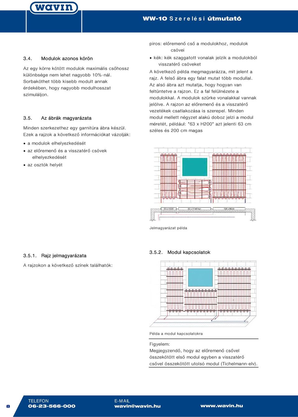 Ezek a rajzok a következő információkat vázolják: piros: előremenő cső a modulokhoz, modulok csövei kék: kék szaggatott vonalak jelzik a modulokból visszatérő csöveket A következő példa