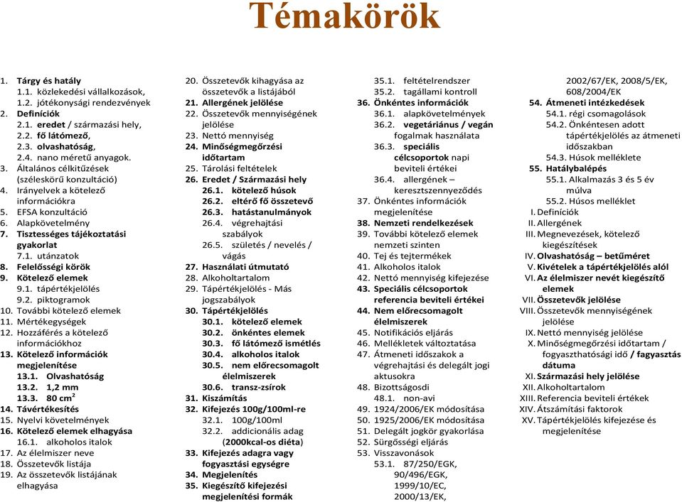 Felelősségi körök 9. Kötelező elemek 9.1. tápértékjelölés 9.2. piktogramok 10. További kötelező elemek 11. Mértékegységek 12. Hozzáférés a kötelező információkhoz 13.