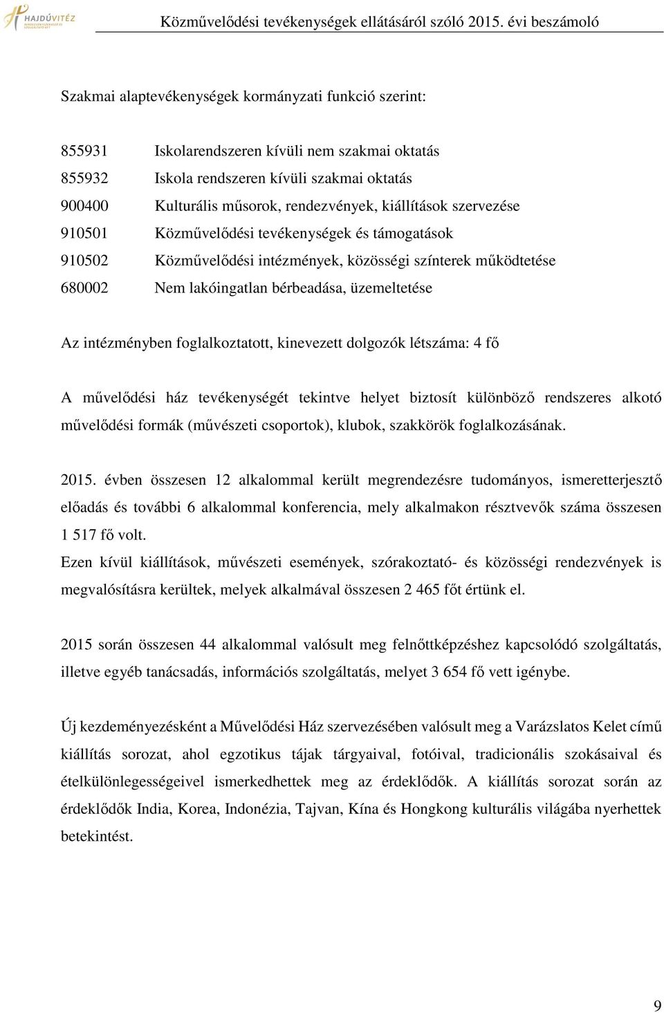 intézményben foglalkoztatott, kinevezett dolgozók létszáma: 4 fő A művelődési ház tevékenységét tekintve helyet biztosít különböző rendszeres alkotó művelődési formák (művészeti csoportok), klubok,