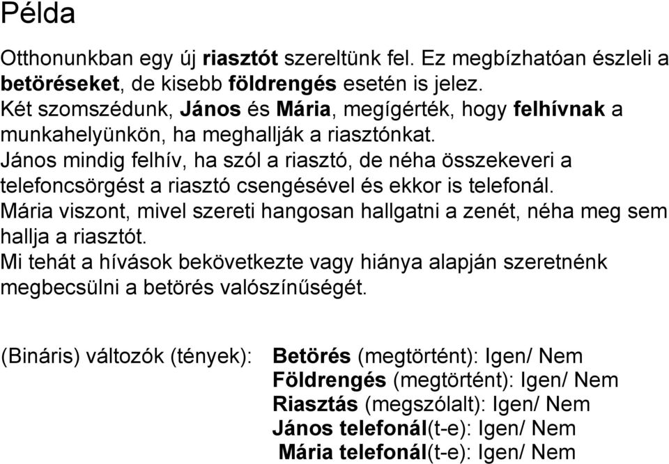 János mindig felhív, ha szól a riasztó, de néha összekeveri a telefoncsörgést a riasztó csengésével és ekkor is telefonál.