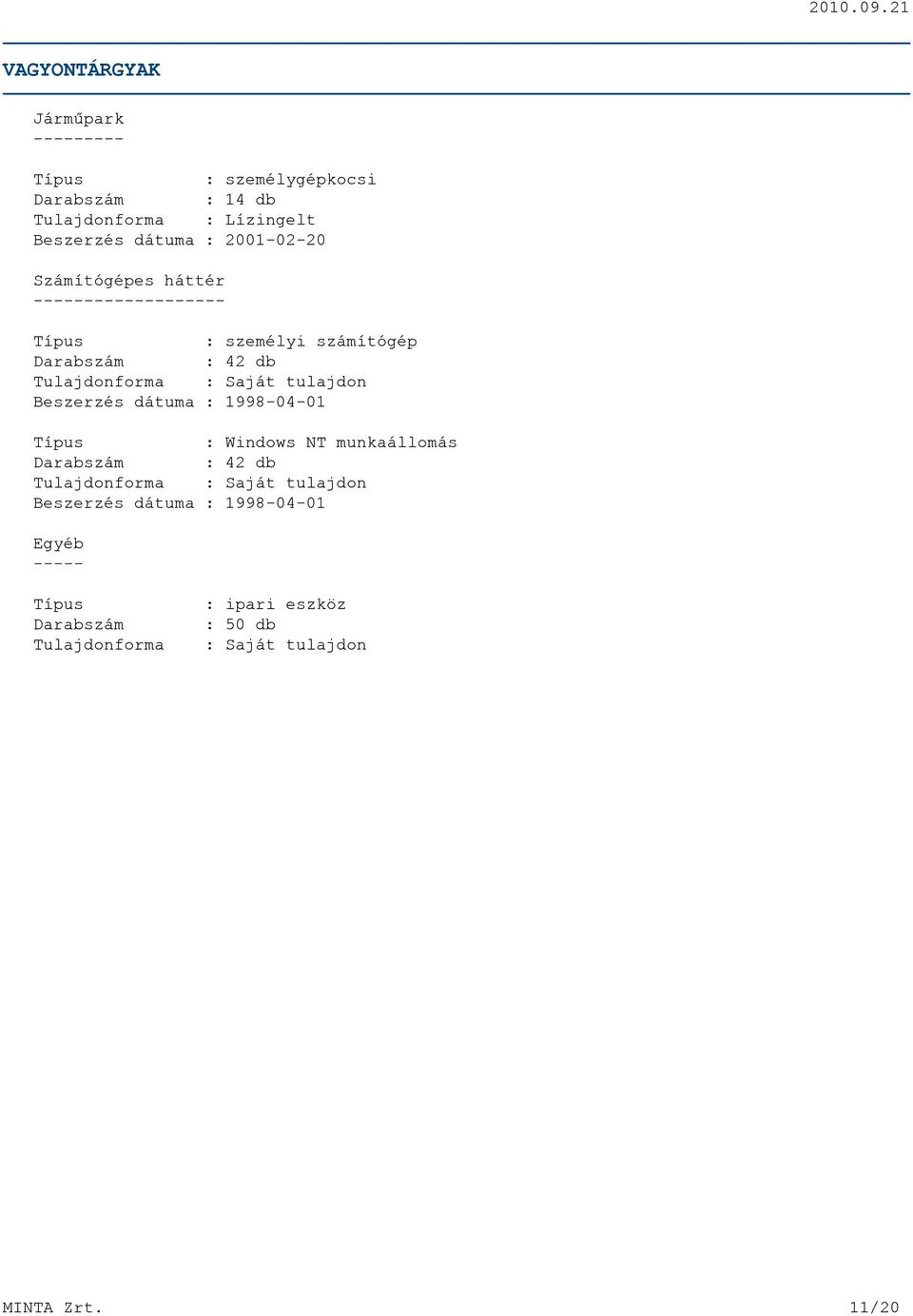 Saját tulajdon Beszerzés dátuma : 1998-04-01 Típus : Windows NT munkaállomás Darabszám : 42 db Tulajdonforma : Saját
