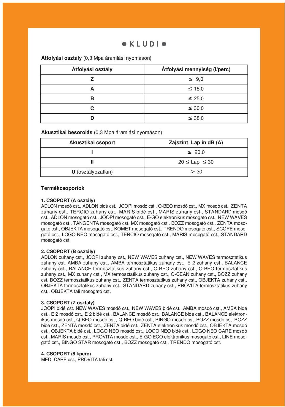 , ZENTA zuhany cst., TERCIO zuhany cst., MARIS bidé cst., MARIS zuhany cst., STANDARD mosdó cst., ADLON mosogató cst., JOOP! mosogató cst., E-GO elektronikus mosogató cst., NEW WAVES mosogató cst.