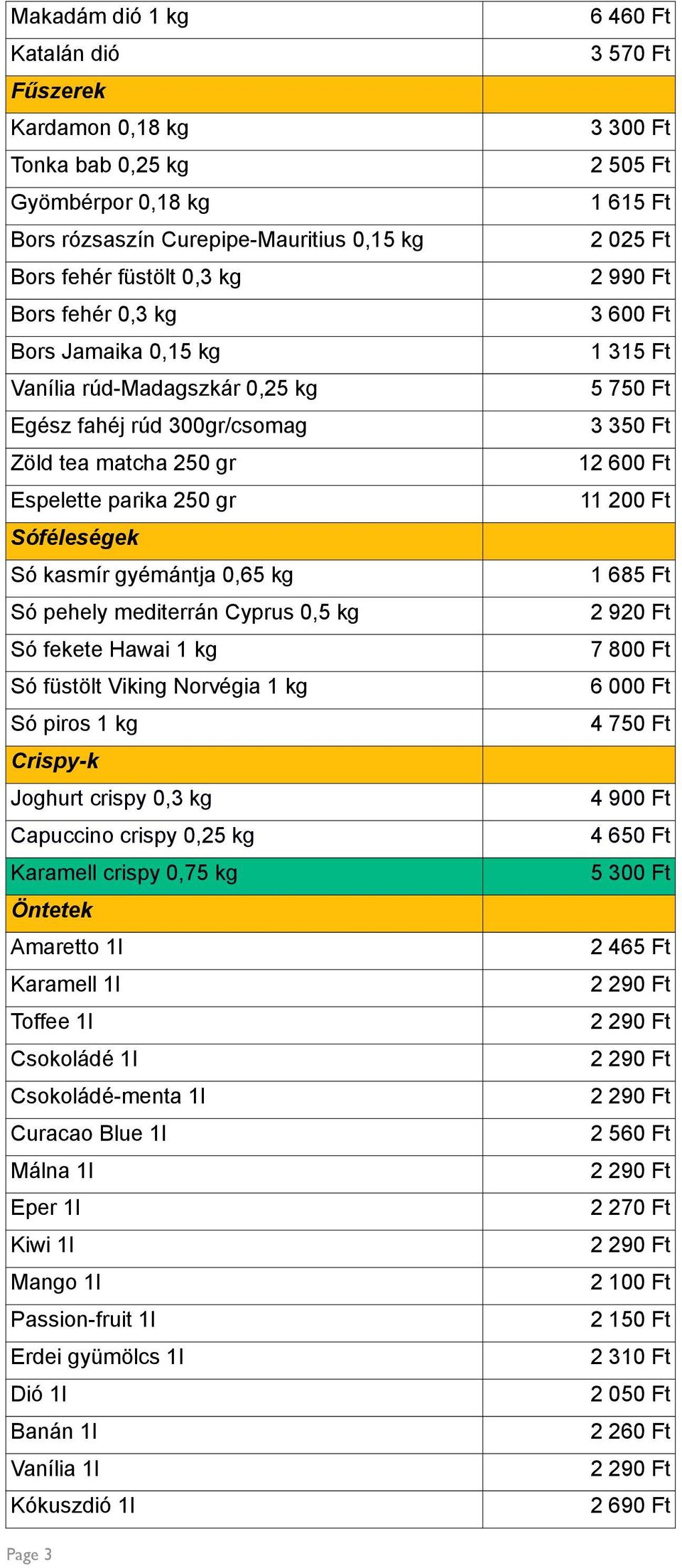 kg Só füstölt Viking Norvégia 1 kg Só piros 1 kg Crispy-k Joghurt crispy 0,3 kg Capuccino crispy 0,25 kg Karamell crispy 0,75 kg Öntetek Amaretto 1l Karamell 1l Toffee 1l Csokoládé 1l Csokoládé-menta