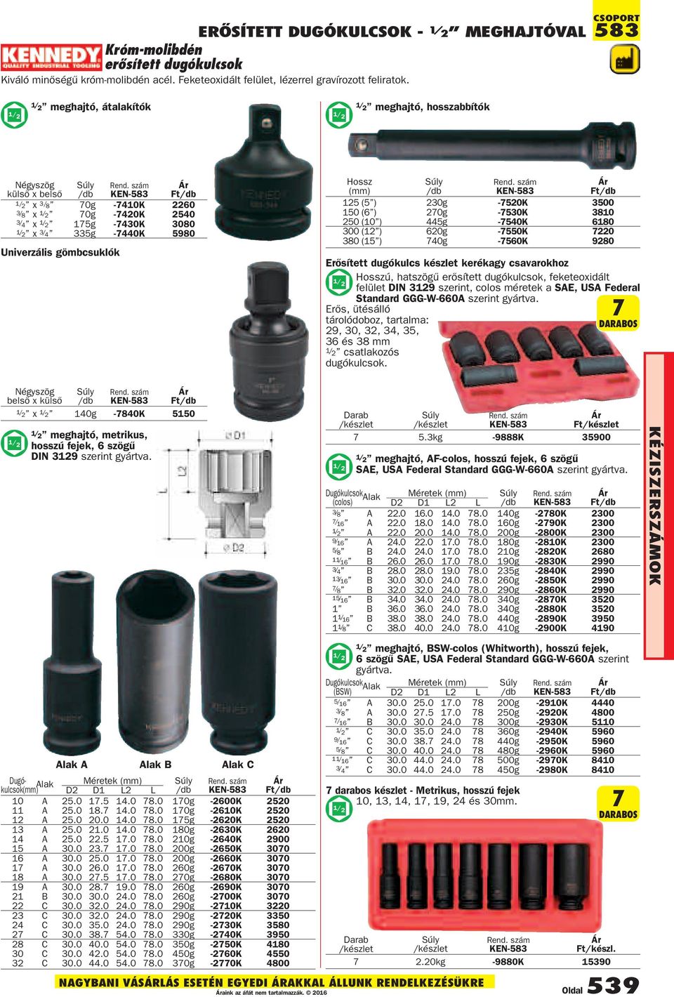 335g -7440K 5980 Univerzális gömbcsuklók Hossz 125 (5 ) 230g -7520K 3500 150 (6 ) 270g -7530K 3810 250 (10 ) 445g -7540K 6180 300 (12 ) 620g -7550K 7220 380 (15 ) 740g -7560K 9280 Erősített dugókulcs