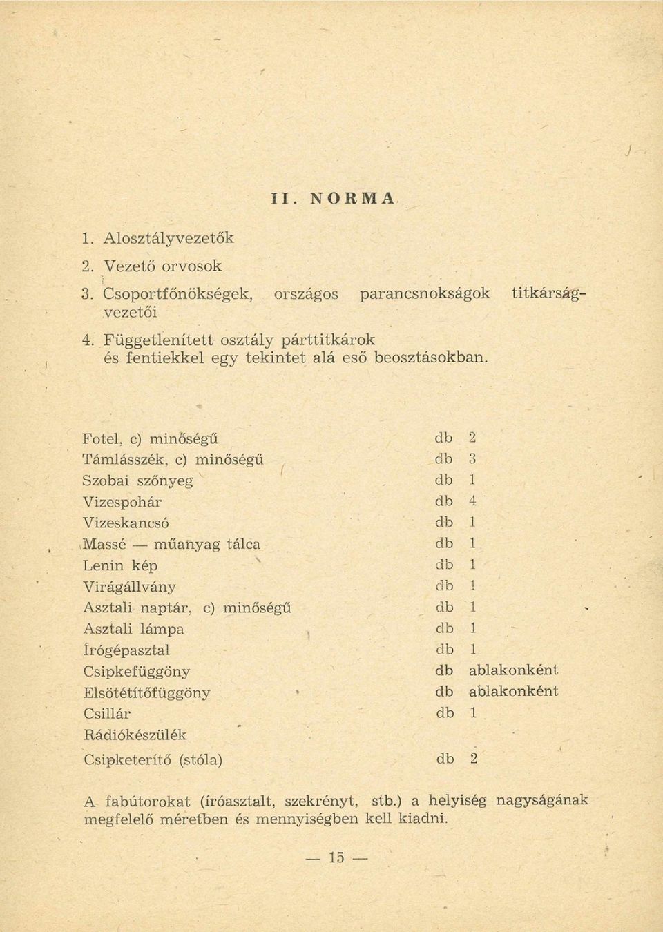 Fotel, c) minőségű d b 2 Támlásszék, c) minőségű d b 3 Szobai szőnyeg d b 1 Vizespohár d b 4 Vizeskancsó d b 1 Massé - műanyag tálca d b 1 Lenin kép d b 1 Virágállvány d b