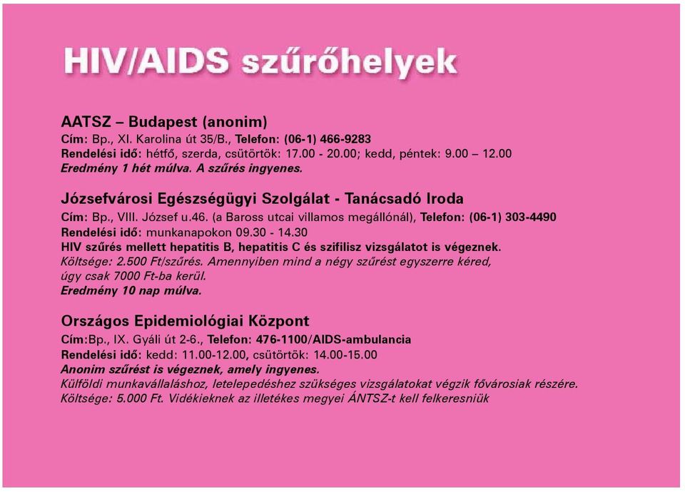 30-14.30 HIV szûrés mellett hepatitis B, hepatitis C és szifilisz vizsgálatot is végeznek. Költsége: 2.500 Ft/szûrés. Amennyiben mind a négy szûrést egyszerre kéred, úgy csak 7000 Ft-ba kerül.