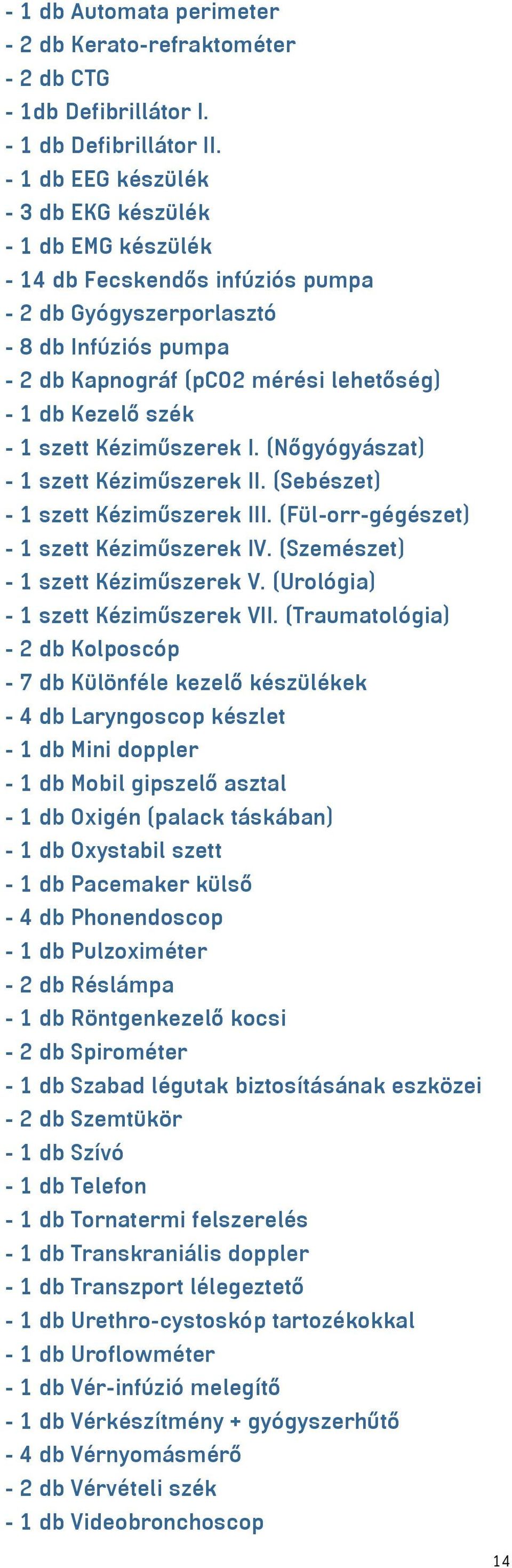 szék - 1 szett Kéziműszerek I. (Nőgyógyászat) - 1 szett Kéziműszerek II. (Sebészet) - 1 szett Kéziműszerek III. (Fül-orr-gégészet) - 1 szett Kéziműszerek IV. (Szemészet) - 1 szett Kéziműszerek V.