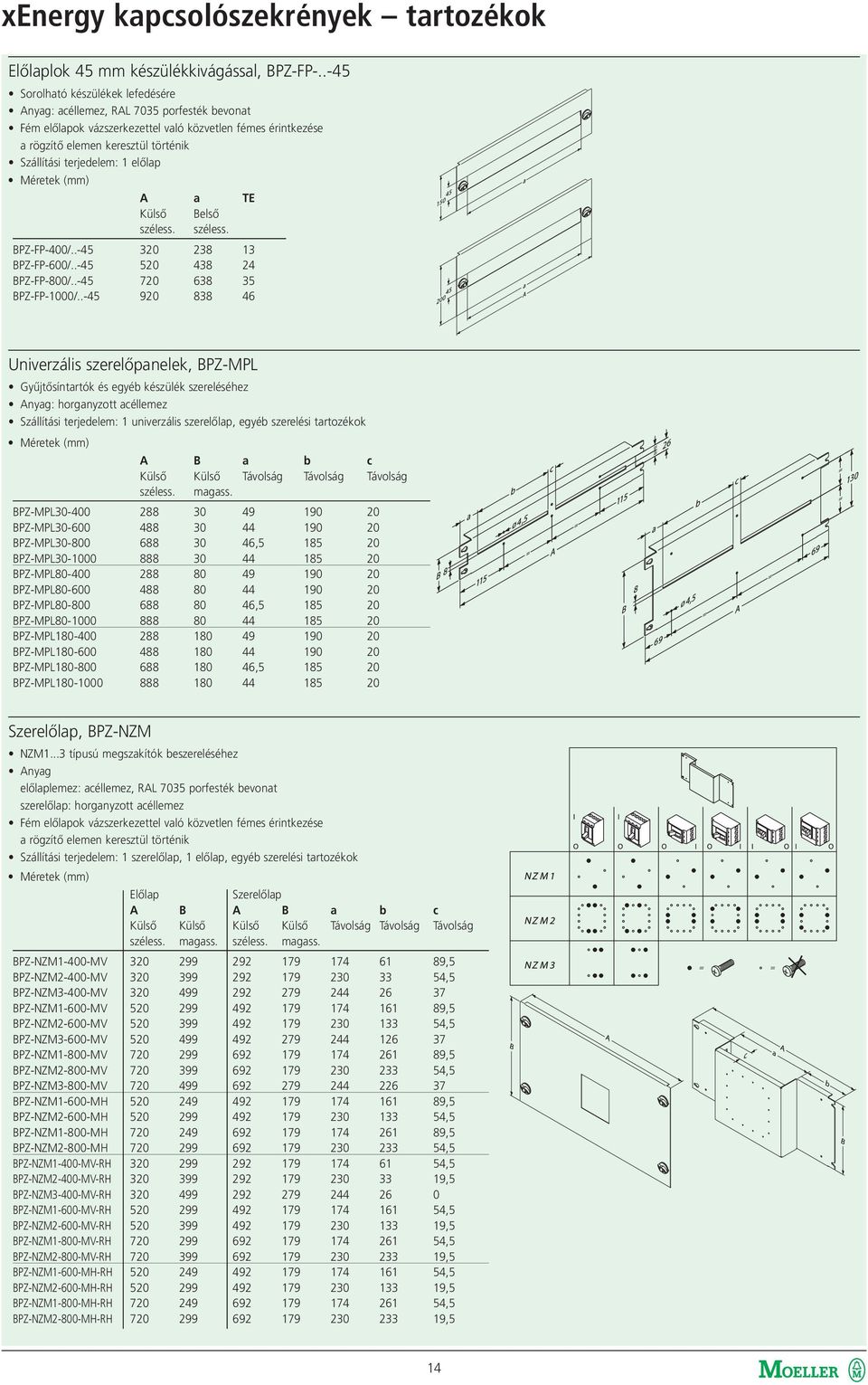 terjedelem: 1 előlap A a TE Külső Belső széless. széless. BPZ-FP-400/..-45 320 238 13 BPZ-FP-600/..-45 520 438 24 BPZ-FP-800/..-45 720 638 35 BPZ-FP-1000/.